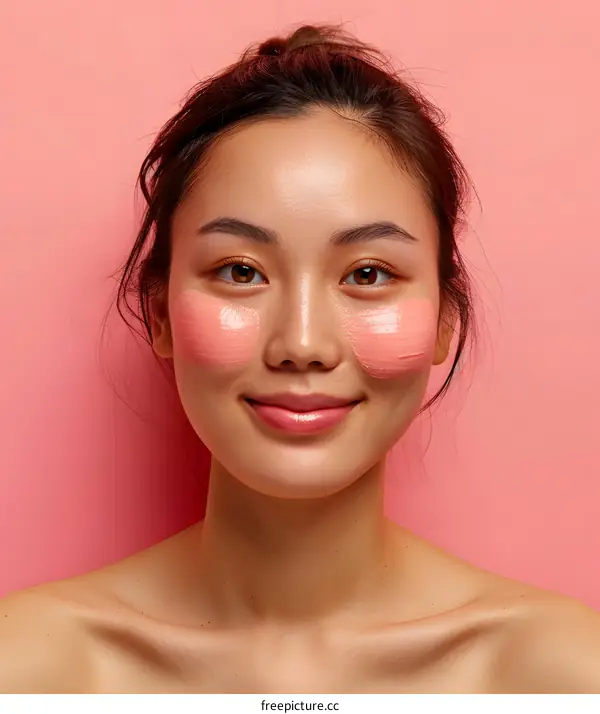 Asian Woman Smiling with Pink Face Mask