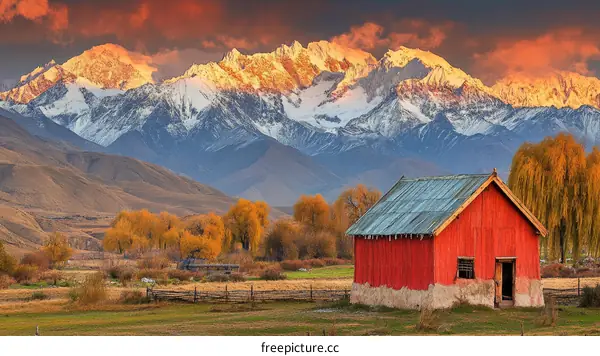 Autumnal Mountain Landscape with Red Barn