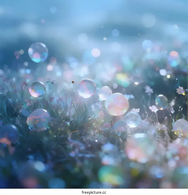 Bubbles on Green Grass with Soft Light and Small Flowers