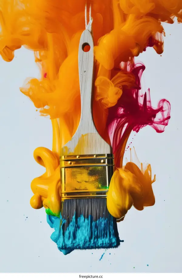 Paintbrush covered in yellow, blue, and red paint