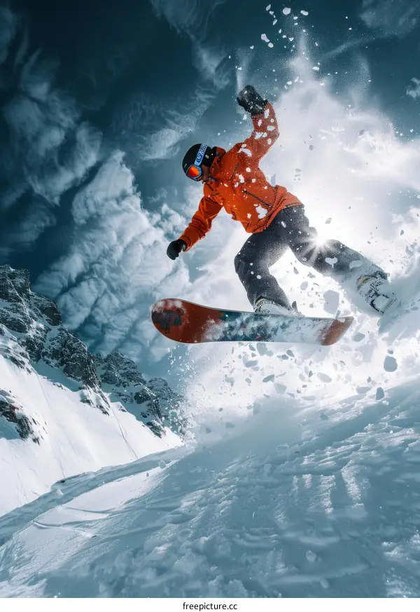 A snowboarder jumps off a snowy mountain