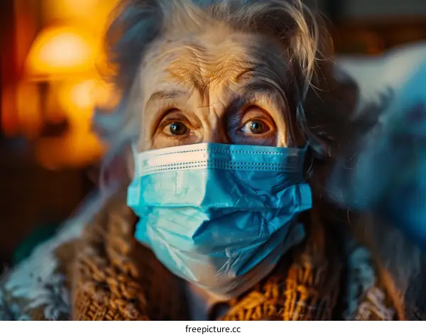 An elderly woman wearing a surgical mask looks on anxiously.