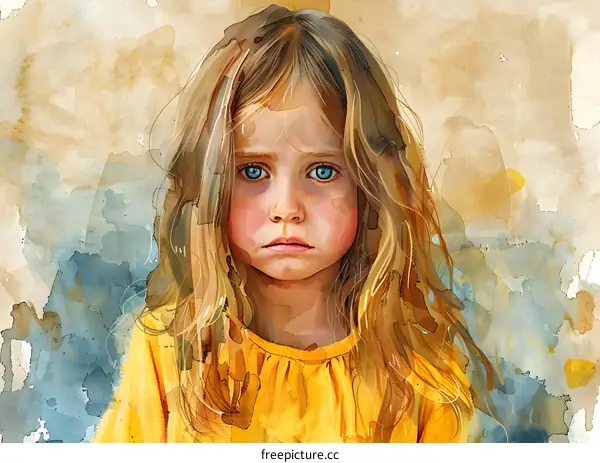 Portrait of a sad looking girl with long blond hair wearing a yellow shirt