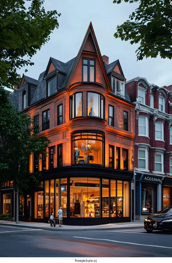 Brick Building with Large Glass Windows on Corner Street