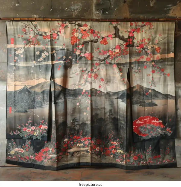Vintage Japanese Kimono Textile Fabric with Pink Cherry Blossoms