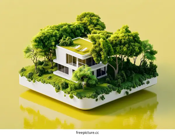Modern House with Green Roof and Trees on a Floating Island