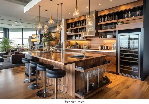 Walnut wooden kitchen island with black leather chairs and stainless steel wine rack