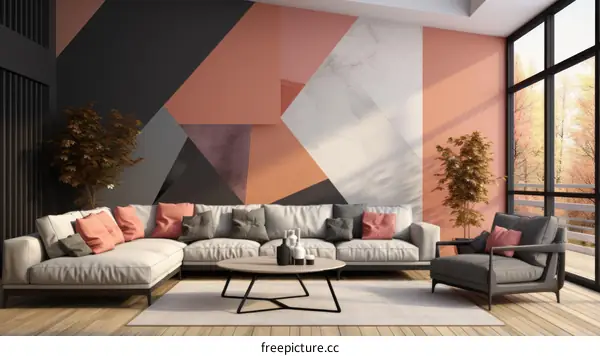 Modern living room interior with large windows and geometric shapes on the wall