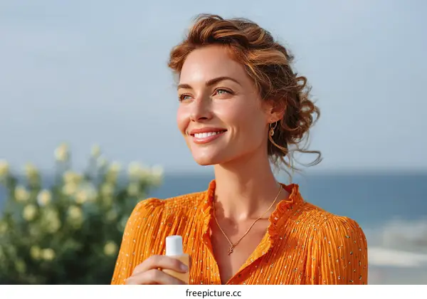 Woman Outdoors Holding Skincare Product