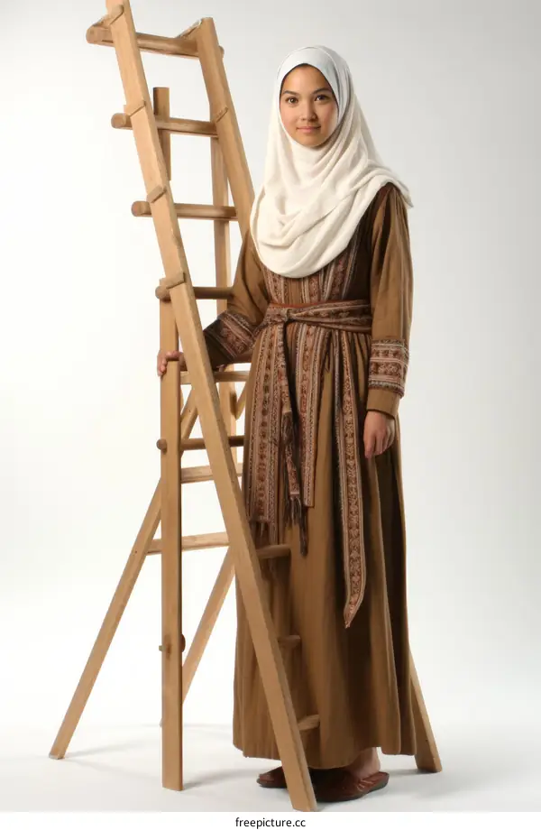 A young woman in a brown dress and white headscarf stands next to a ladder.