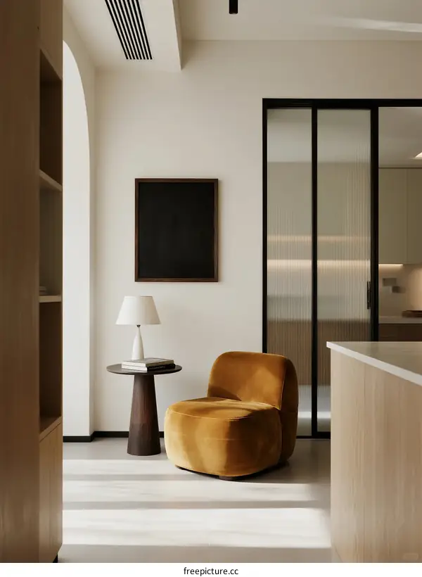 Minimalist living room with curved sofa and modern decor elements