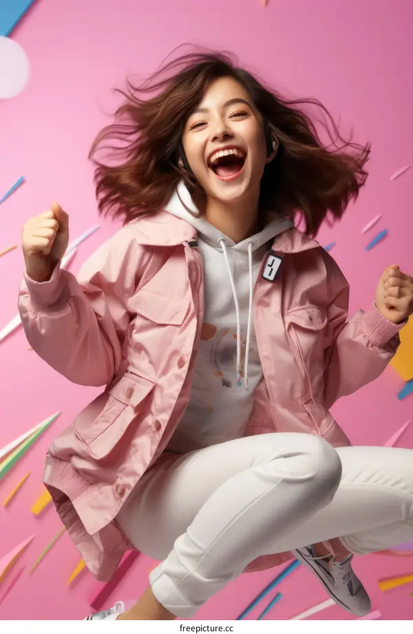 A young Asian woman is jumping in the air while listening to music.