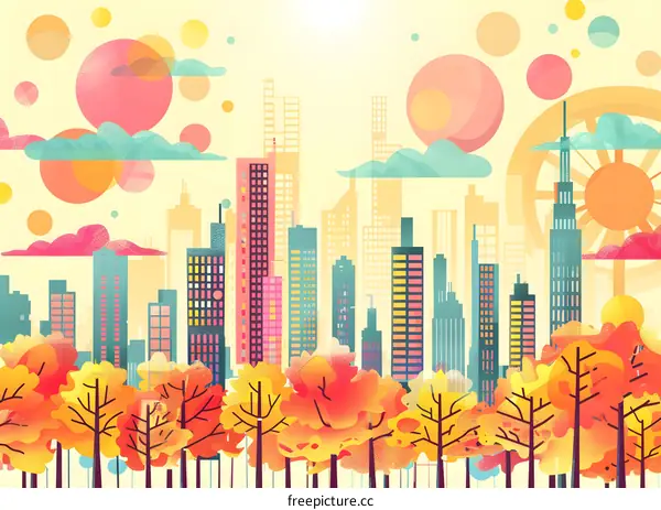 Colorful Cityscape with Autumn Trees and Ferris Wheel