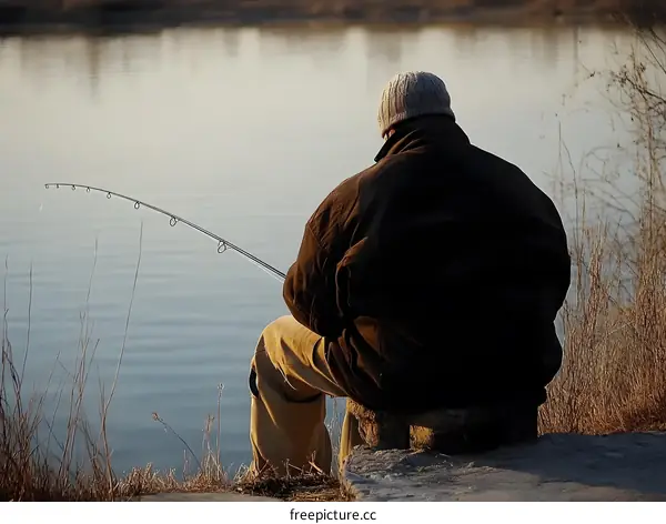 Man Fishing Alone On A Calm Lake