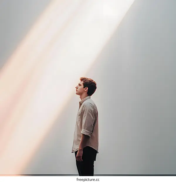 Man Looking Up at Light Through Window