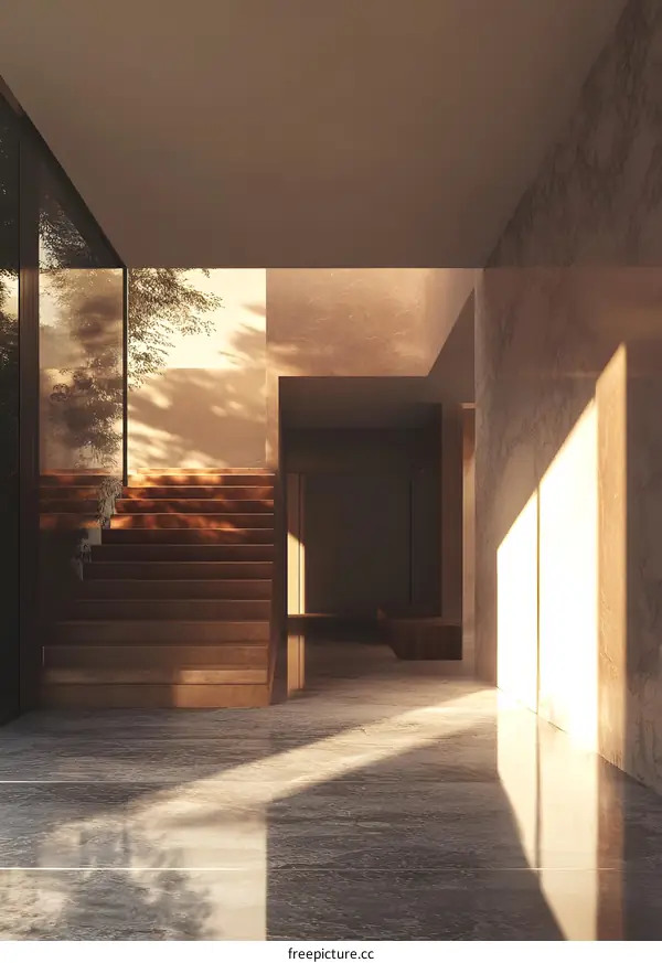 Minimalist Modern Interior Design with Wooden Staircase and Sunbeams