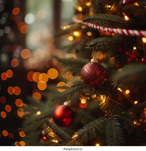 Christmas tree with red ornaments and lights