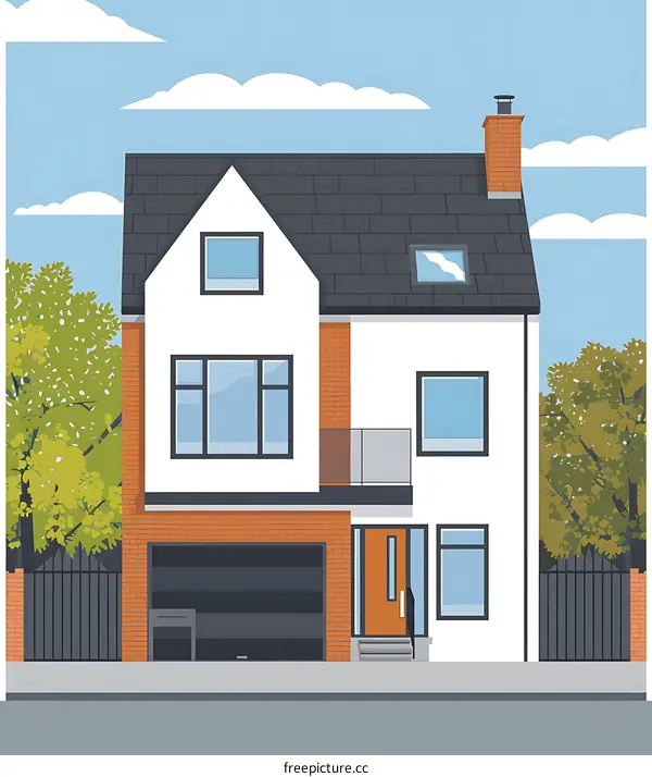 Modern House Illustration with Garage and Front Yard