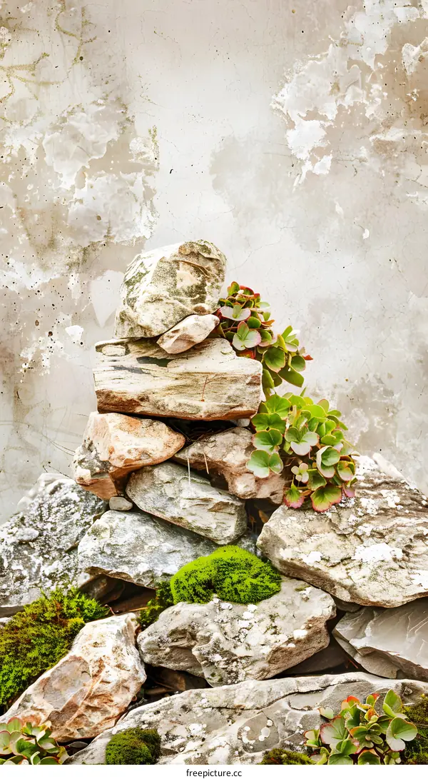 Green Plants Growing Between Stones Against a Weathered Wall