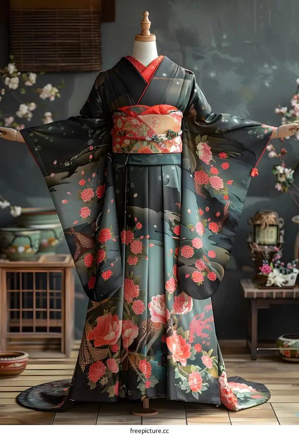 A woman wearing a kimono with a floral pattern