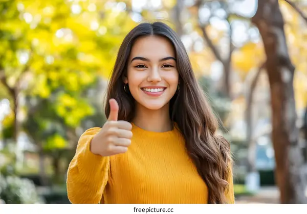 Happy Young Woman Giving Thumbs Up in a Park