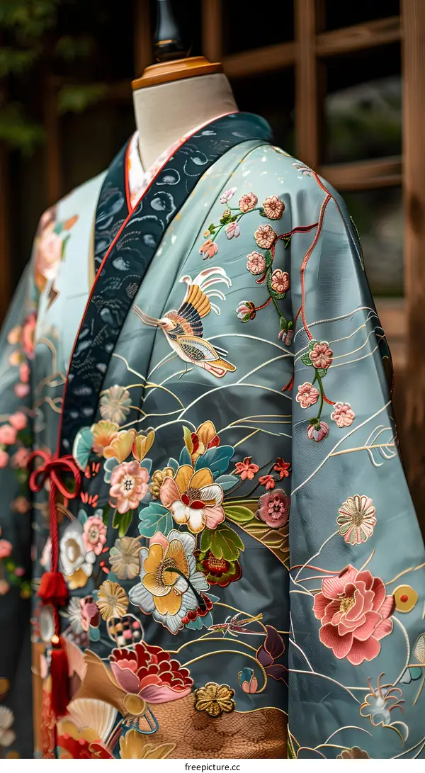 A kimono with a pattern of birds and flowers