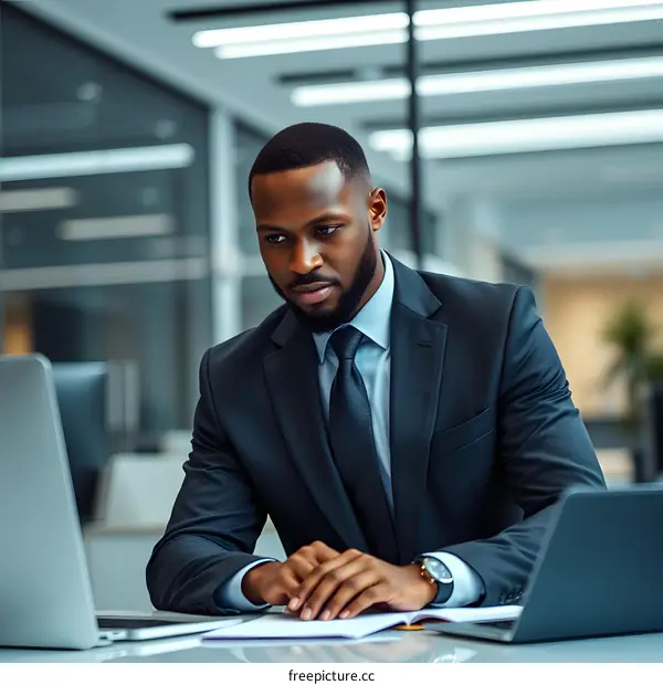 Black Businessman Working on Laptop in Modern Office