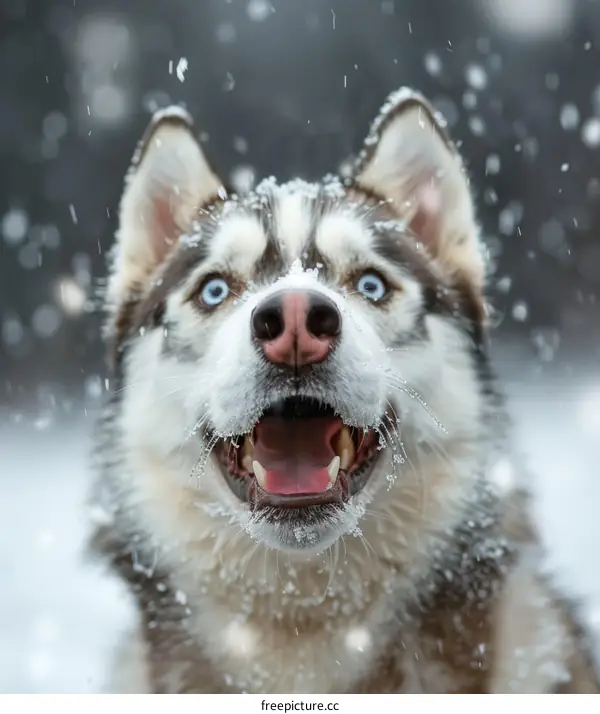 Siberian Husky Gazing Up at Falling Snowflakes