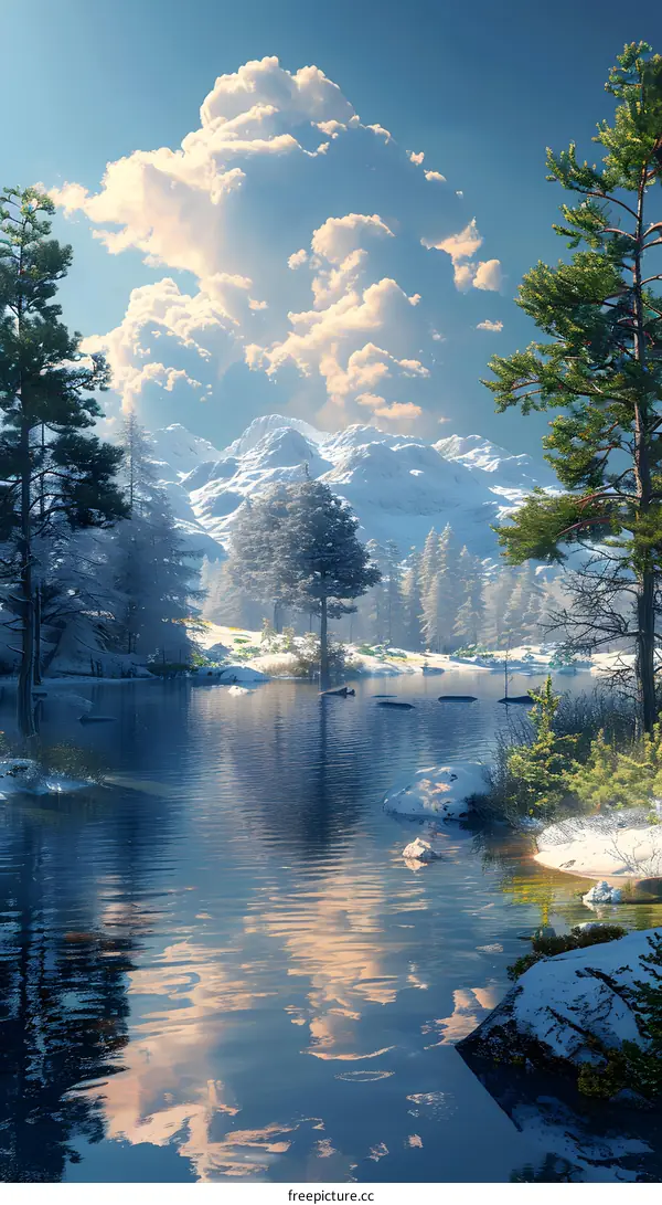 A winter wonderland of snow-capped mountains and a frozen lake