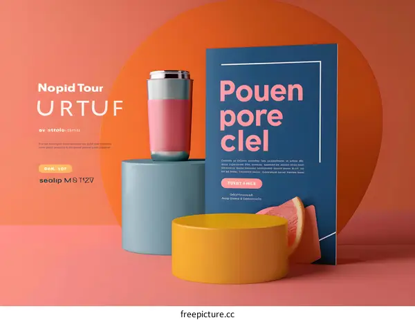 Mockup Design with a Metal Water Bottle, a  Round Platform, and a Pink, Orange and Blue Background