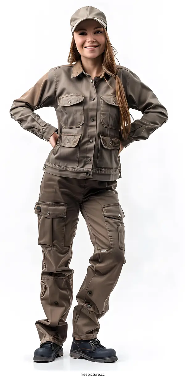 portrait of a female worker in brown workwear