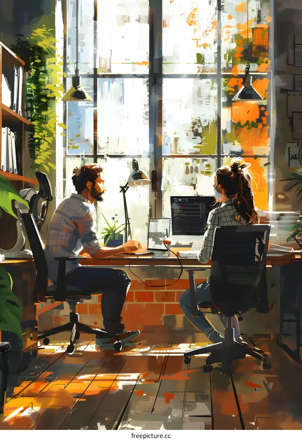Two people working together in a creative space