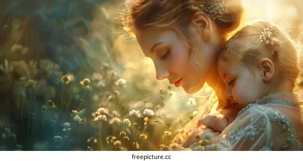 Mother and Daughter Embrace in a Dreamy Meadow