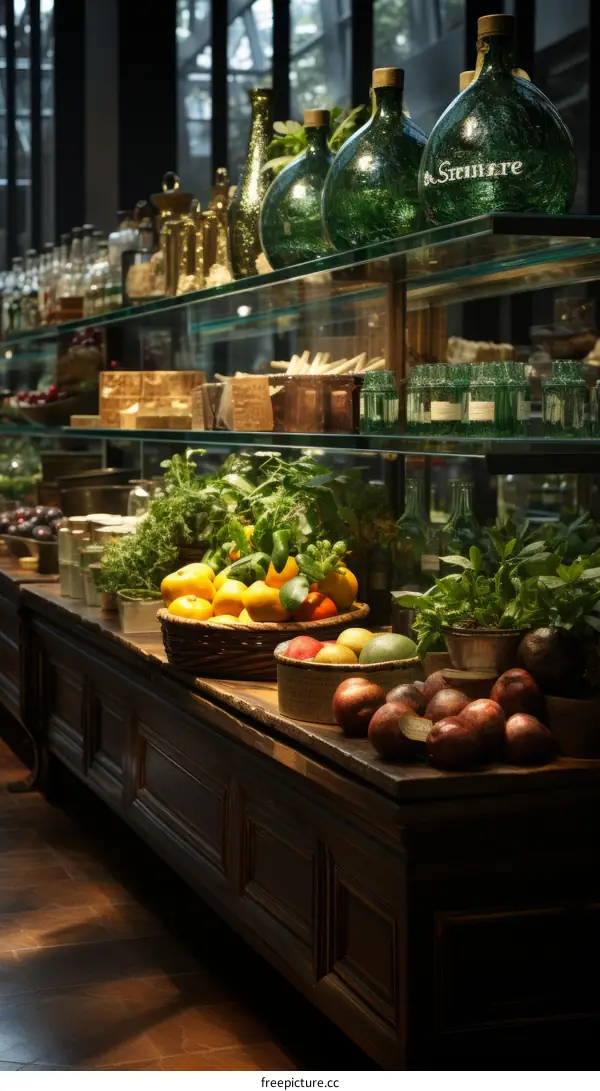 An assortment of fruits and vegetables on a wooden shelf with glass shelves above it.