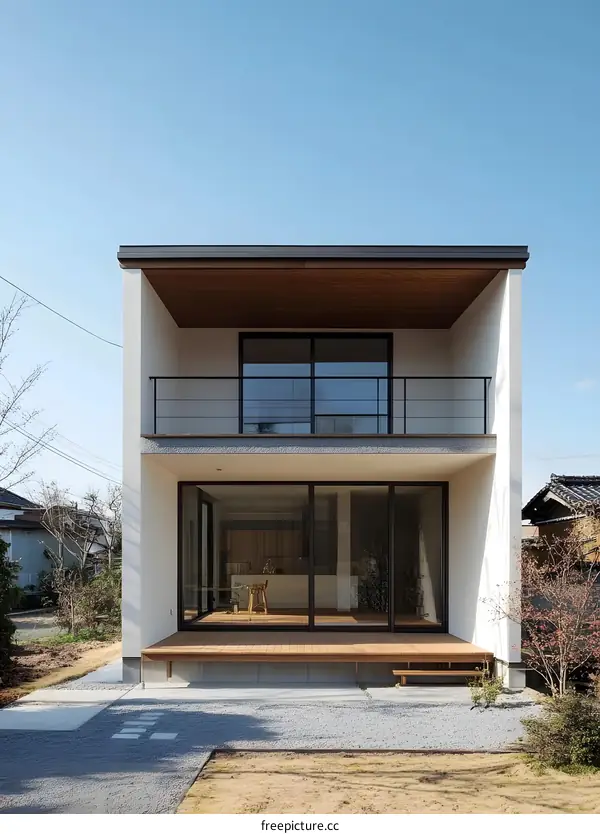 Modern Japanese Home with Large Windows and Wooden Deck