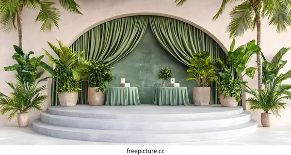 Tropical Green Stage Backdrop with Plants and Curtains