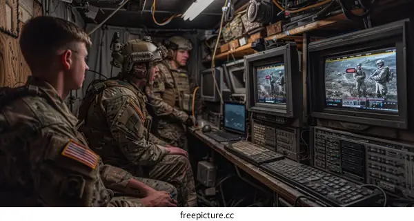 U.S. Soldiers monitor a live video feed of a military operation