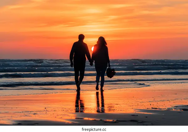 Silhouettes of Couple Holding Hands Walking on the Beach at Sunset