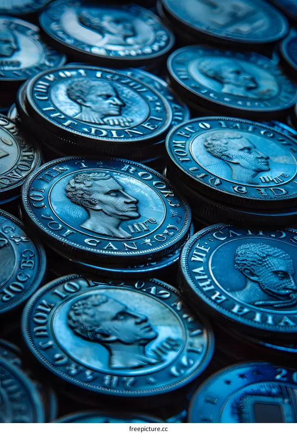 Close-up of a pile of silver coins