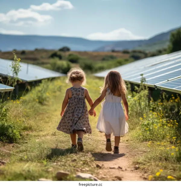 Two young girls holding hands walk through a solar farm