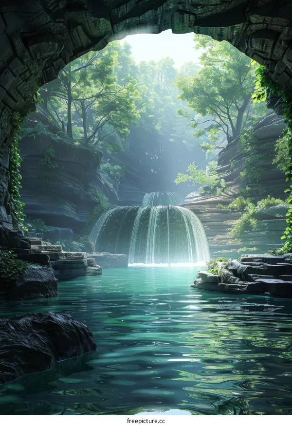 Picturesque Fantasy Landscape with a Majestic Waterfall and Mysterious Cave Entrance