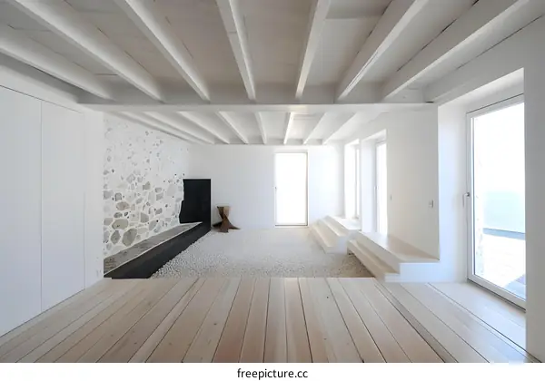 Minimalist White Interior Design with Stone Wall and Wooden Floor