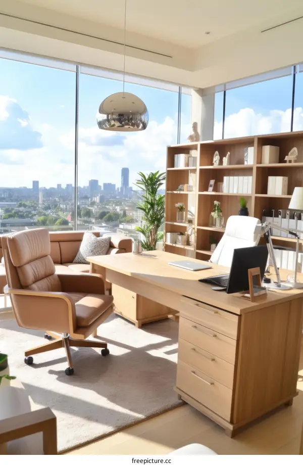 Modern office interior with large windows and city view