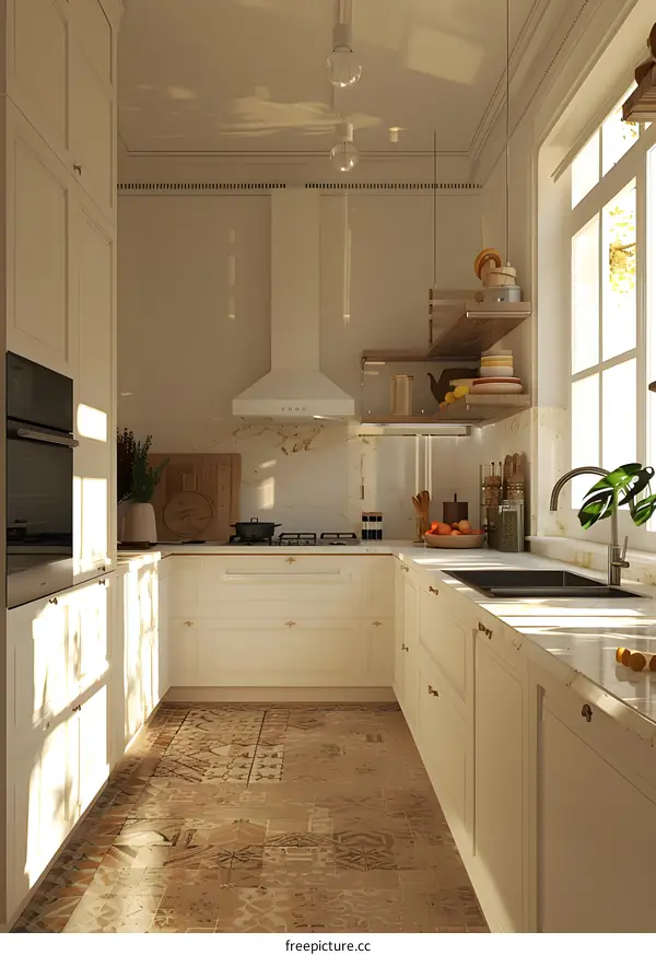 Modern Kitchen with White Cabinets and Patterned Tiles