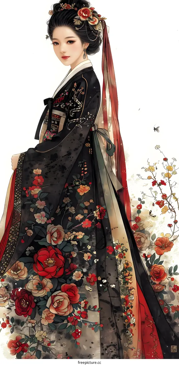 A beautiful Chinese woman in a traditional Hanfu dress with red and pink flowers.