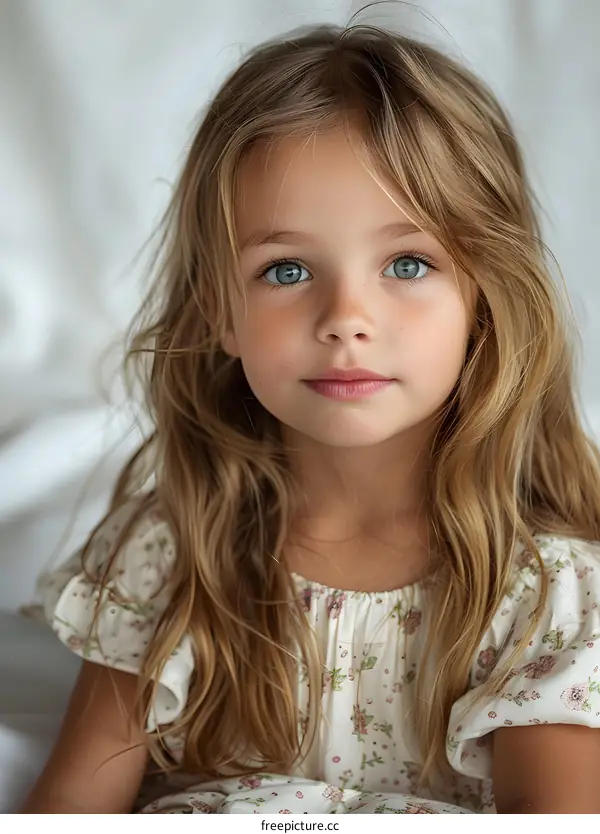 Portrait of a Young Girl with Long Blonde Hair and Blue Eyes