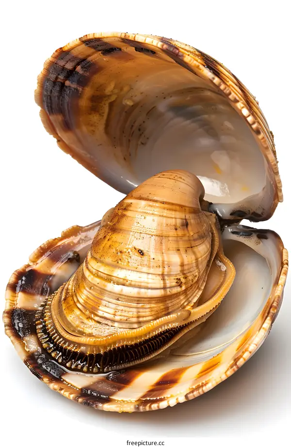 A close-up image of a clam shell with the clam inside