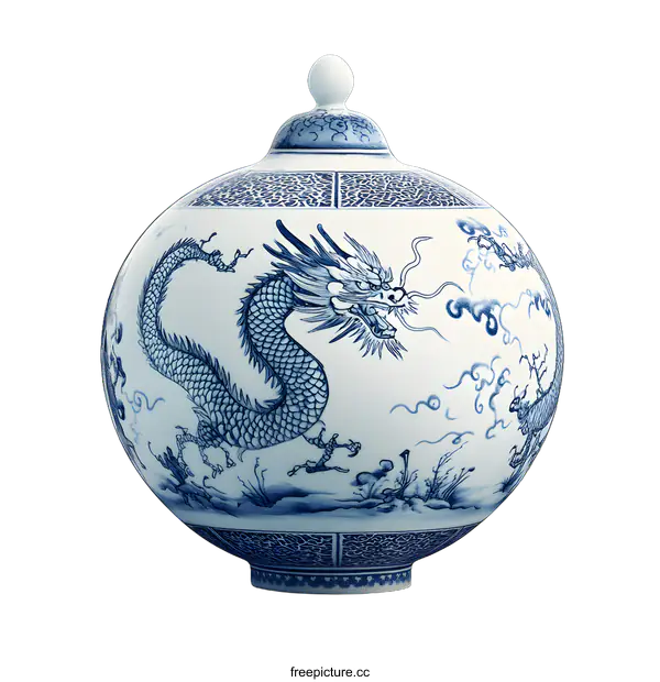 [Transparent Background PNG]Blue and White Porcelain Dragon Jar