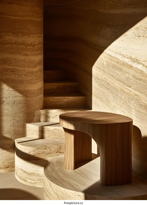 Modern Wooden Stool with Curved Design on Stone Steps