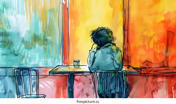 Watercolor Painting of a Person Sitting at a Table